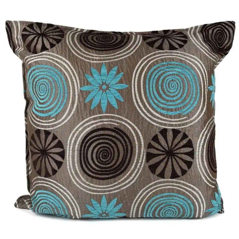 Color Chenille Pillow Cover Resistant Upholstery Fabric Stain Circle Design Turquoise Blue and Dark Brown 45 X45 Cm Woven Square