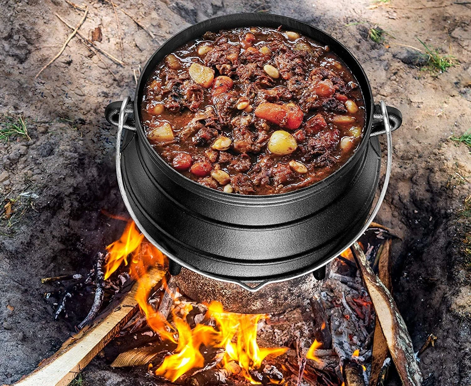 Pre-Seasoned Cast Iron 6L Three-legged Cauldron Potjie African Pot Heavy-Duty Tripod Cookware with Lid Metal Handle for Camping