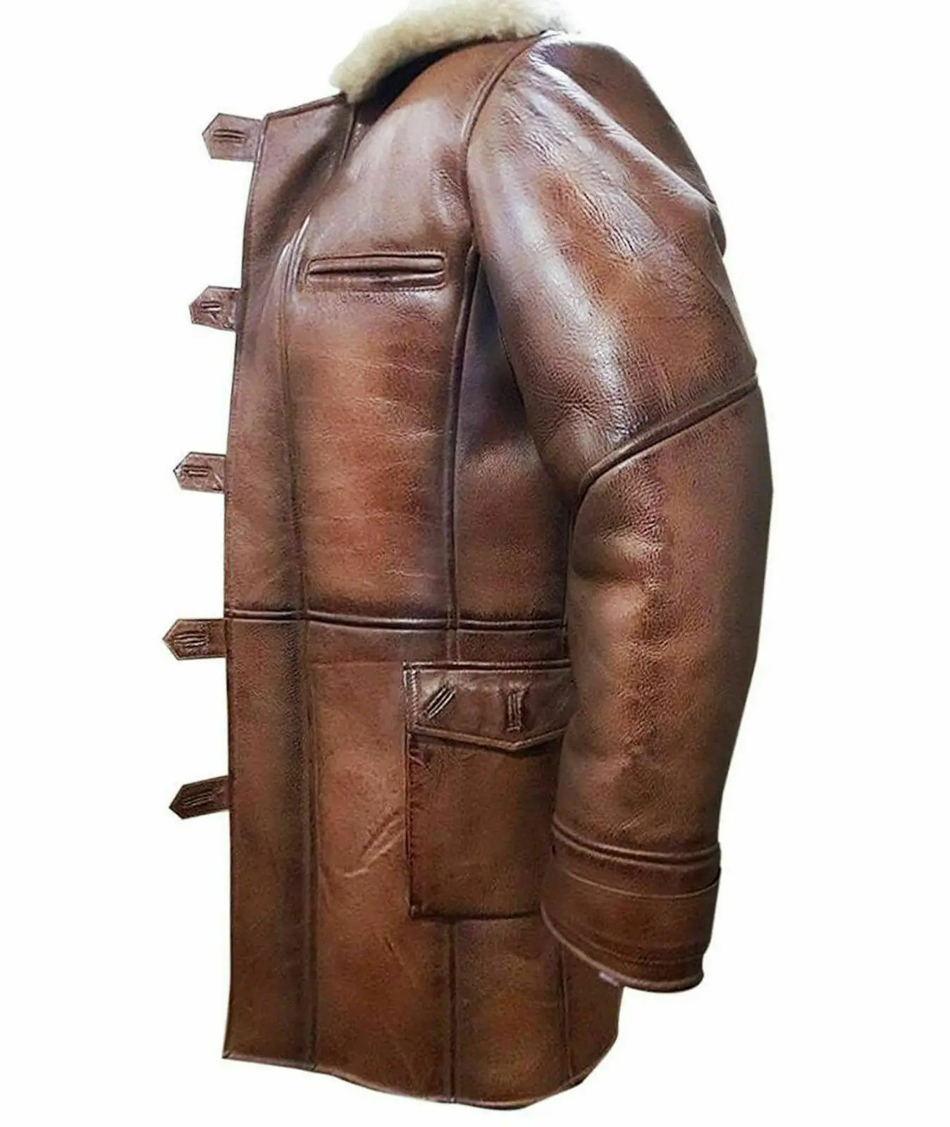 Mens Leather Long Jacket Bane Coat Winter Trench Coat Genuine Lambskin Wool Fur shearling long leather coat