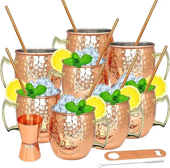 Hammered Antique Copper Moscow Mule Mugs Set of 8 Handcrafted Gift For Him & Her Pure Solid Copper Mugs