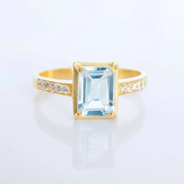 Princess Cut Sky Blue Topaz Gemstone 925 Sterling Silver Eternity Vermeil Gold Diamond Engagement Wedding Ring Zircon Pave Gift