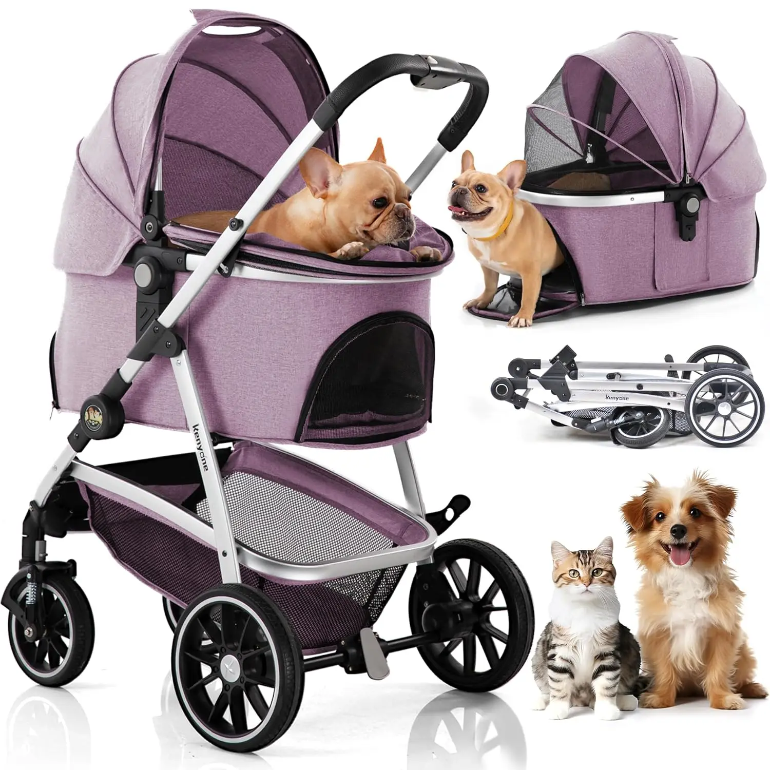 Luxury Lavender Purple 3-in-1 Pet Stroller for Medium to Large Size Dogs Cat Puppies Bunnies with Detachable Carrier for Travel