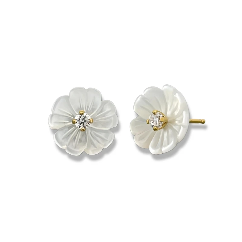 Stylish Mother of Pearl Nacre flower Earrings with a gold ball detail for women Suitable for any occasion