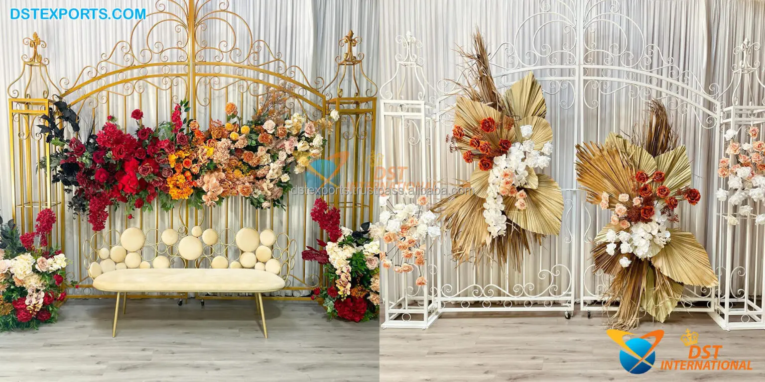Golden Metal Floral Gate Frame Decoration Wrought Iron Gate Frame For Wedding Decoration Wholesale Wedding  Metal Gate Decor