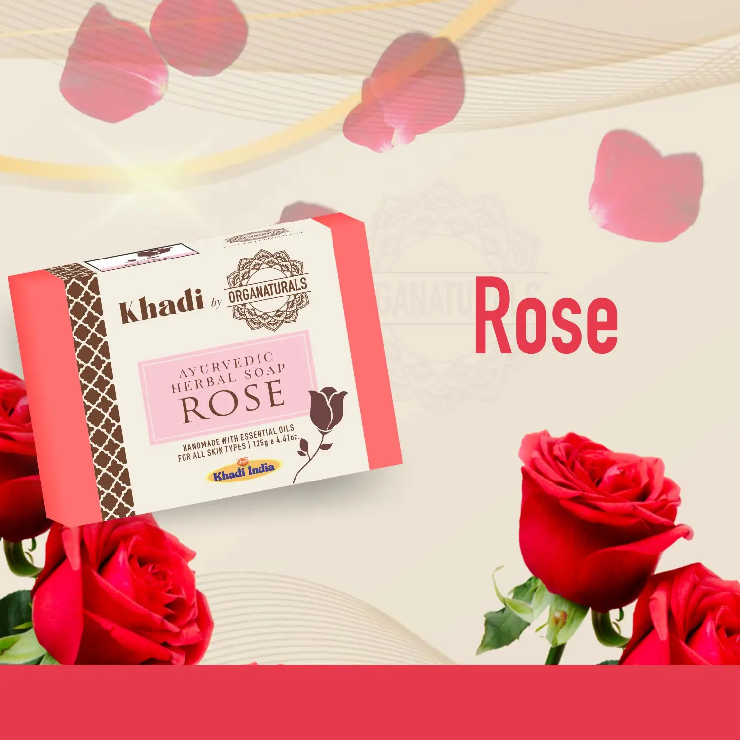 Khadi Ayurvedic Rose Handmade Soap for Bath Moisturizing & Deep Cleansing Suitable for All Skin type - 125g