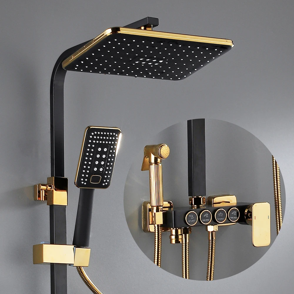 Square Bathroom Shower System Black Gold Mixer Faucet Hot Cold Bathroom Tap Piano Key Thermostatic Shower Set