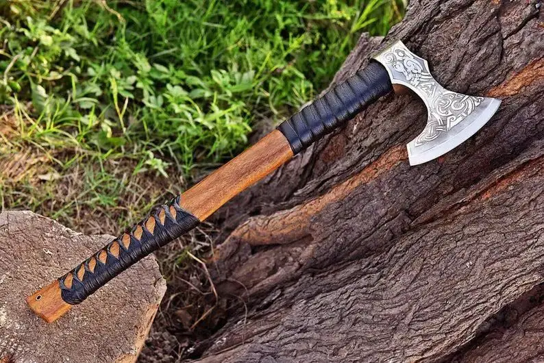 Forged Carbon Steel Viking Axe Hatchet Rose Wood Shaft Bearded Camping Axe