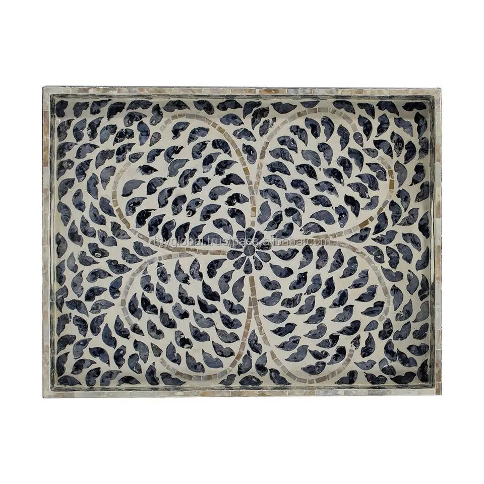 Handcrafted Antique Mother of Pearl Rectangle Shape Serving Tray Floral Blue Decorative Trays Customized Handmade From Vietnam