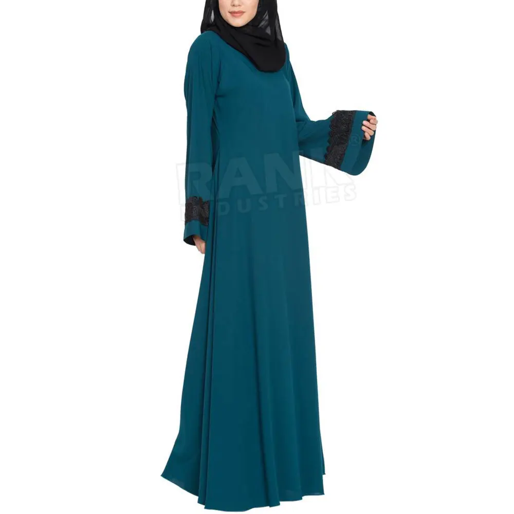 High Quality Women Muslim Wear Zink Blue Abaya Embroidery Cuff Full Sleeves Women Lose Plus Size Abaya