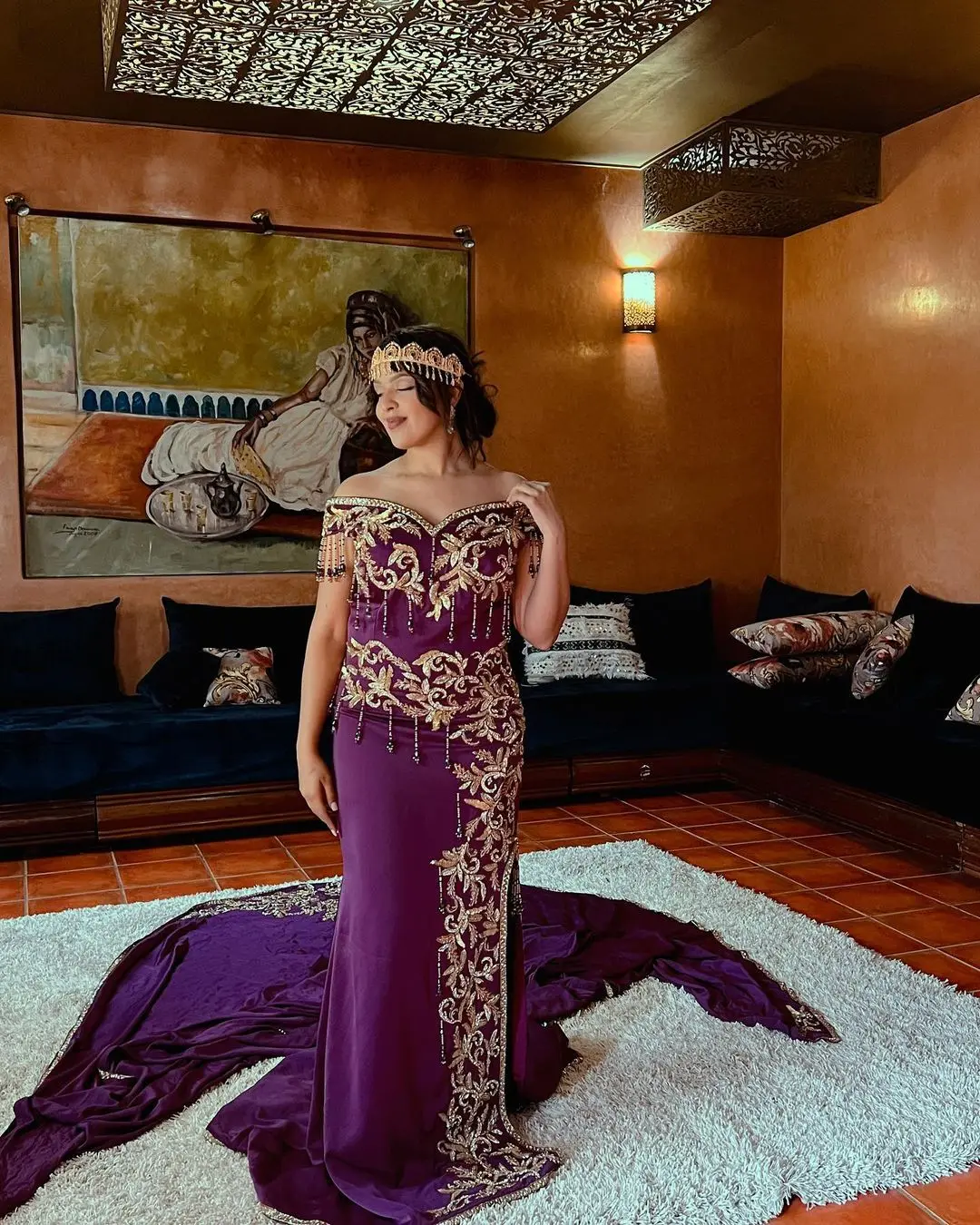purple satin velvet moroccan caftan for Arab wedding bridal dress  Dubai Kuwait Oman Morocco for Muslim woman married dress