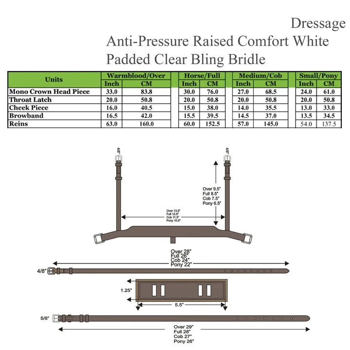 Dressage Anti-Pressure Raised Comfort White Padded Clear Bling Horse Bridle in all Sizes Quality Tanned Leather Farm Race Stable