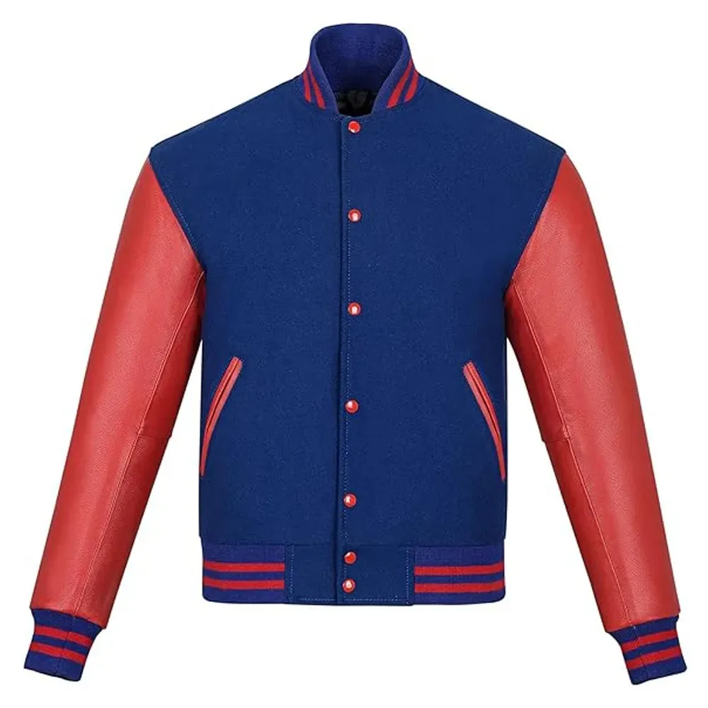 Premium Quality Letterman Baseball School College Bomber Varsity Jacket Blue & Red Genuine Leather Sleeves Jacket