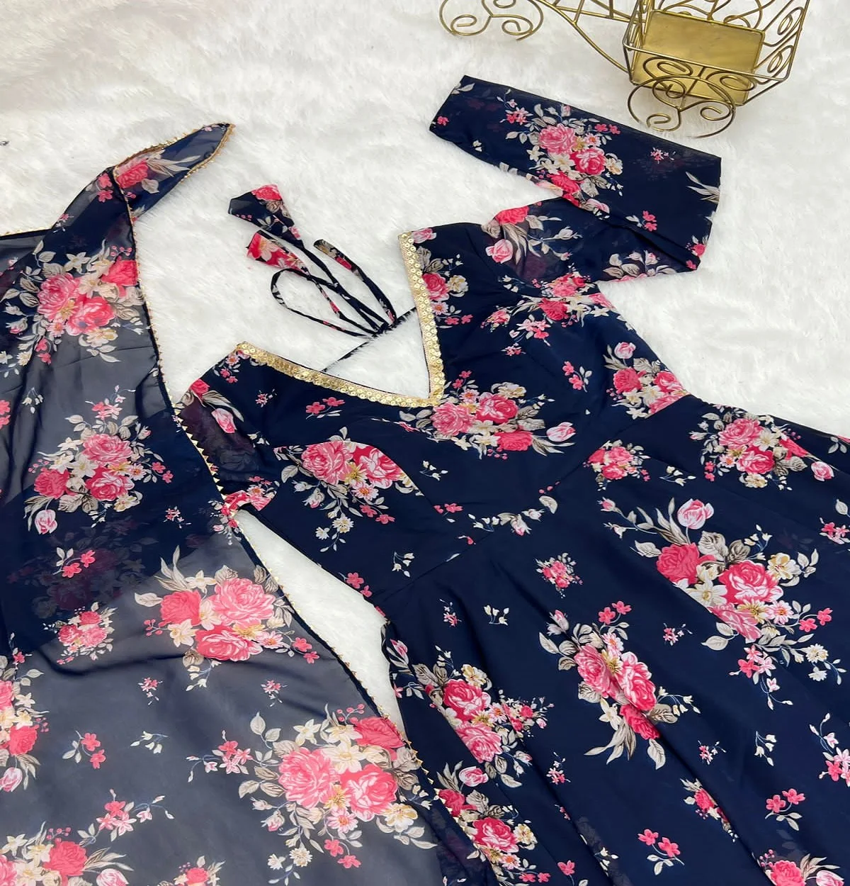 PURE SOFT GEORGETTE ANARKALI FULLY FLAIR GOWN DUPTTA SET READY TO WEAR FULLY STITCHED