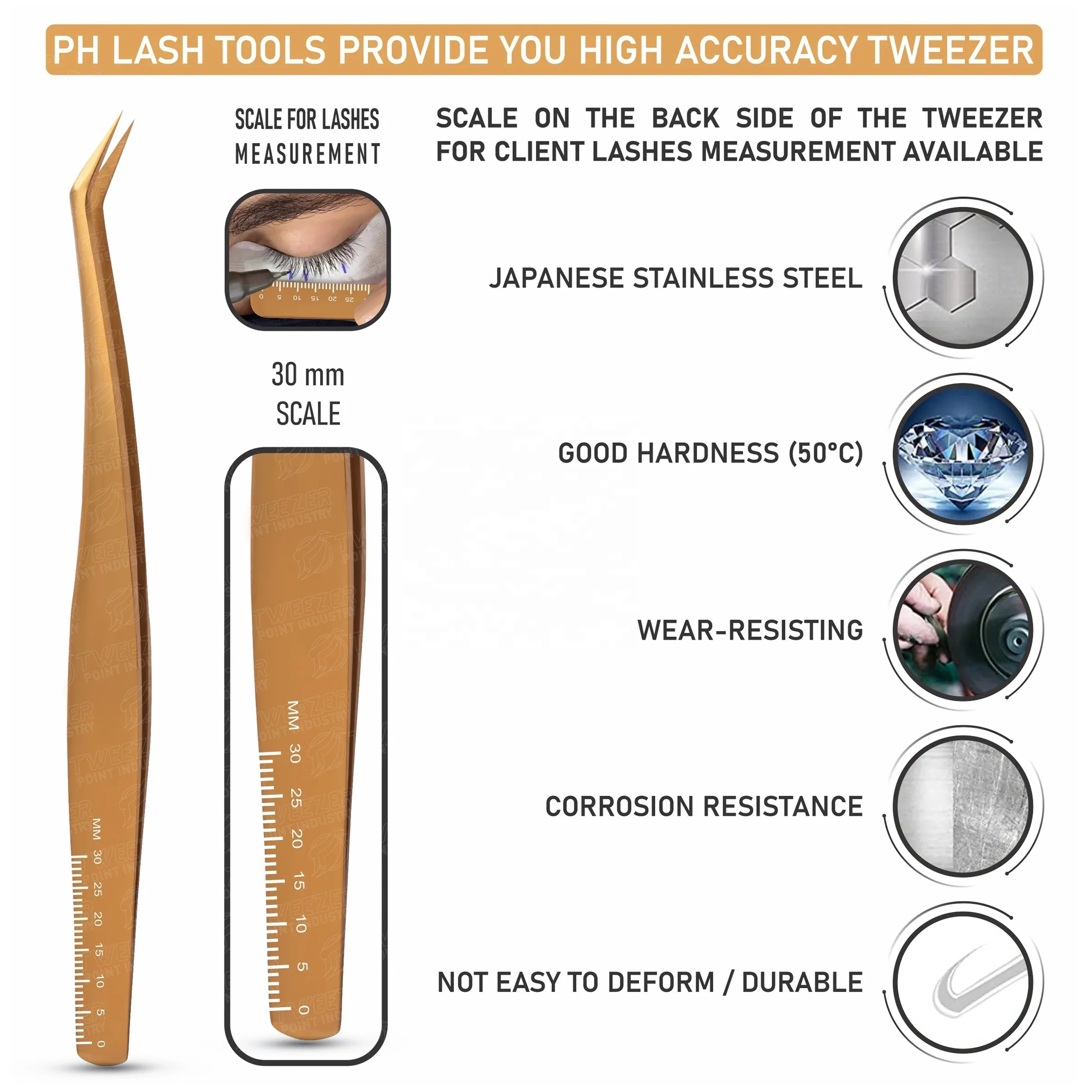 Professional Beauty Cosmetic Tool Stainless Steel Titanium Gold Color Eyelash Extension Tweezer With Pouch Packing