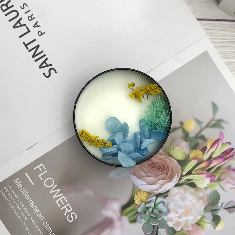 Long-Lasting Fragrance Handmade Scented Candles Customizable Label Luxury Vintage black Tin Scented Candle with flower