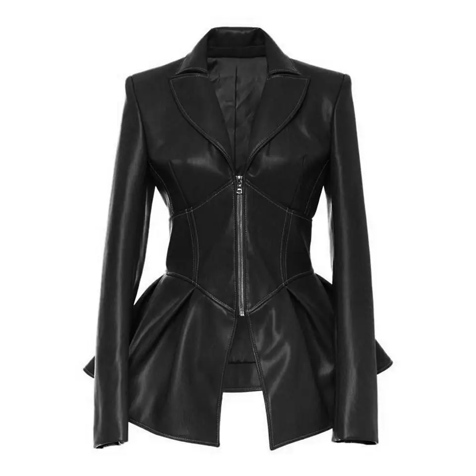 2023 New Design Women Outerwear Autumn Ladies Pu Faux Leather Jacket Long Sleeve Short Women