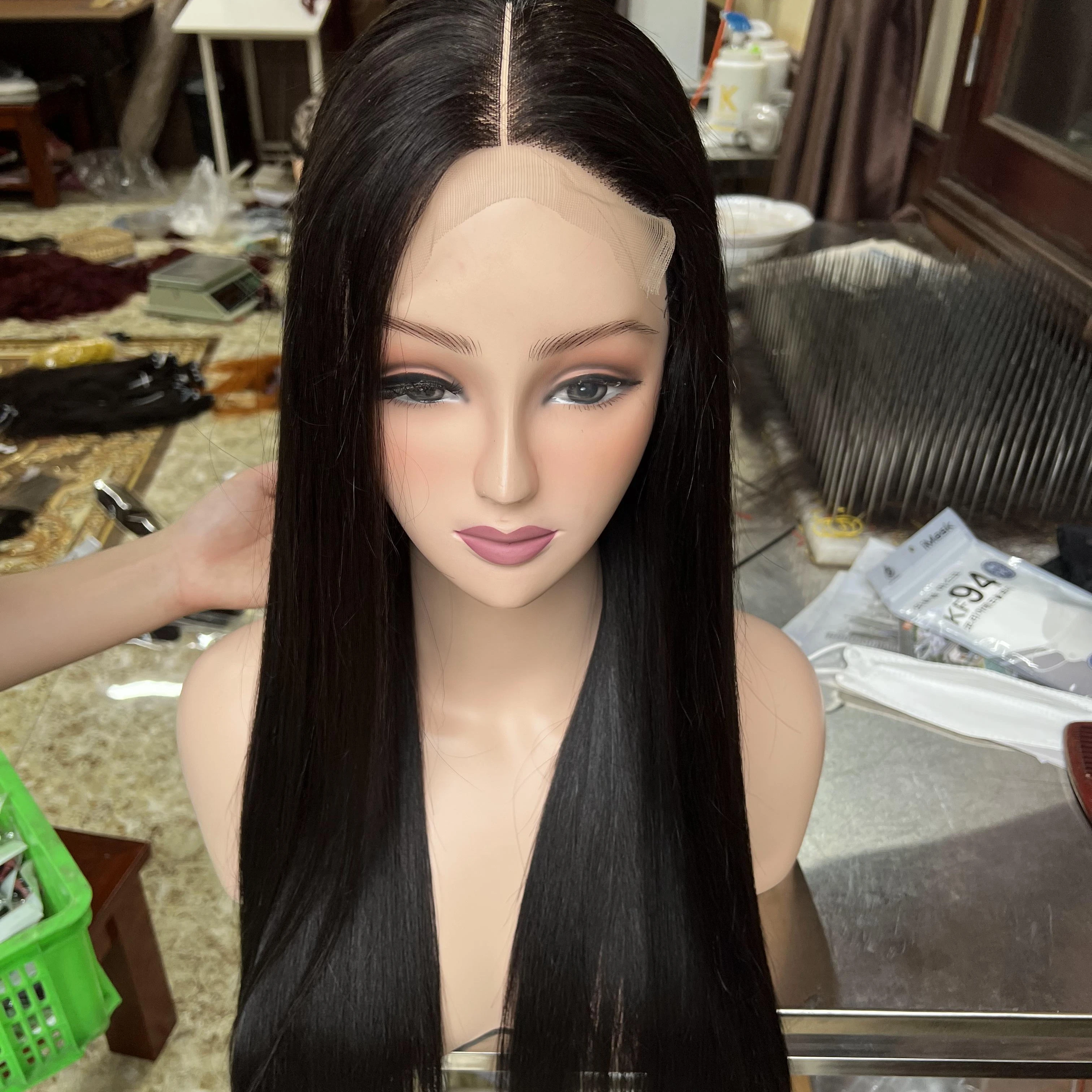 2024 Whosale Raw Vietnamese Human Hair Black Straight Glueless Full HD Transparent Front Wigs Training Heads Black Women