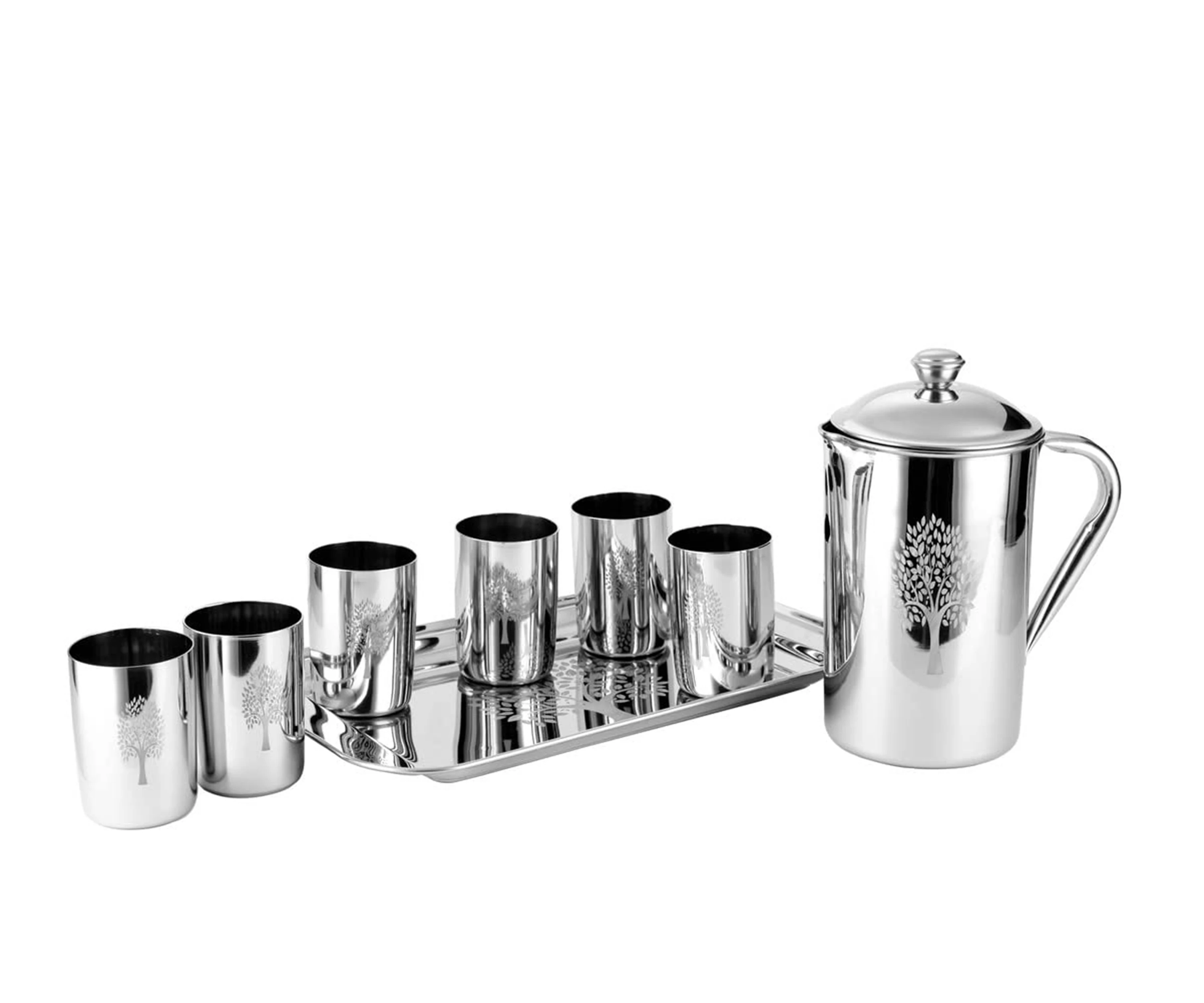 Premium Stainless Steel Set 1 JUG 6 Glasses 300 ML & Serving Tray For Kitchen Tableware Set To Serve Water & Juice Silver Colour