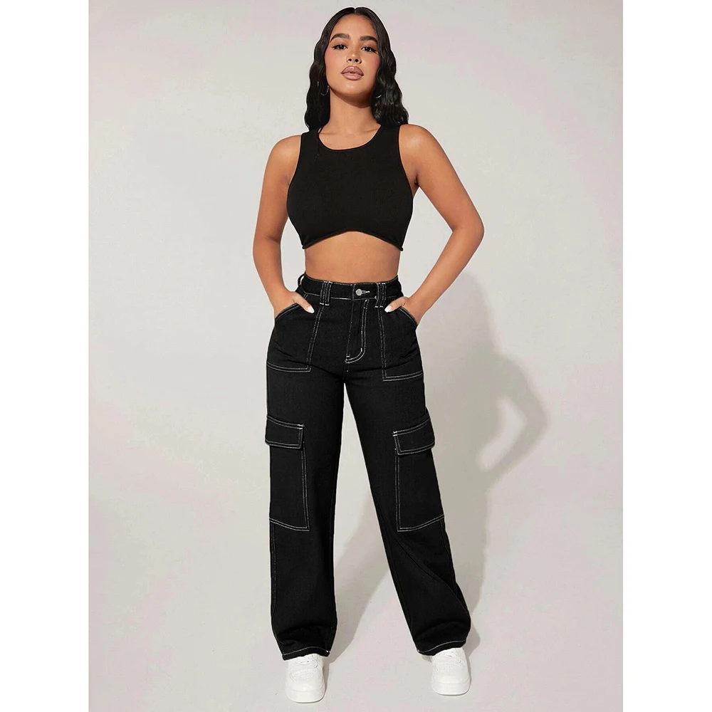 Fashion Women Denim Trouser Loose Cargo Pants Korean Jeans Pockets Patchwork Baggy Jeans