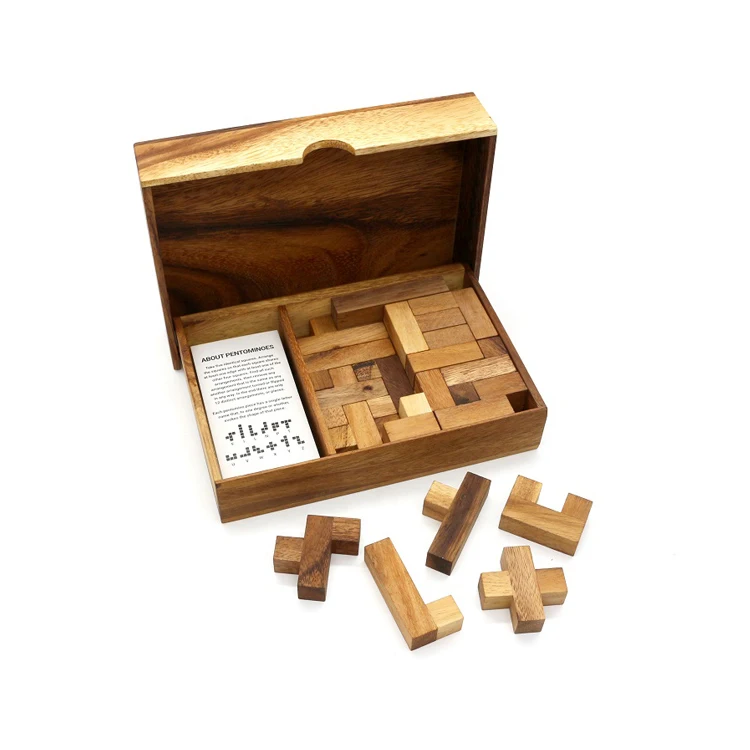 Top Quality Hot Selling Monopoly Type Folding Open-close Box Containing Double Pentominos and Cards Wooden Puzzle Board Game