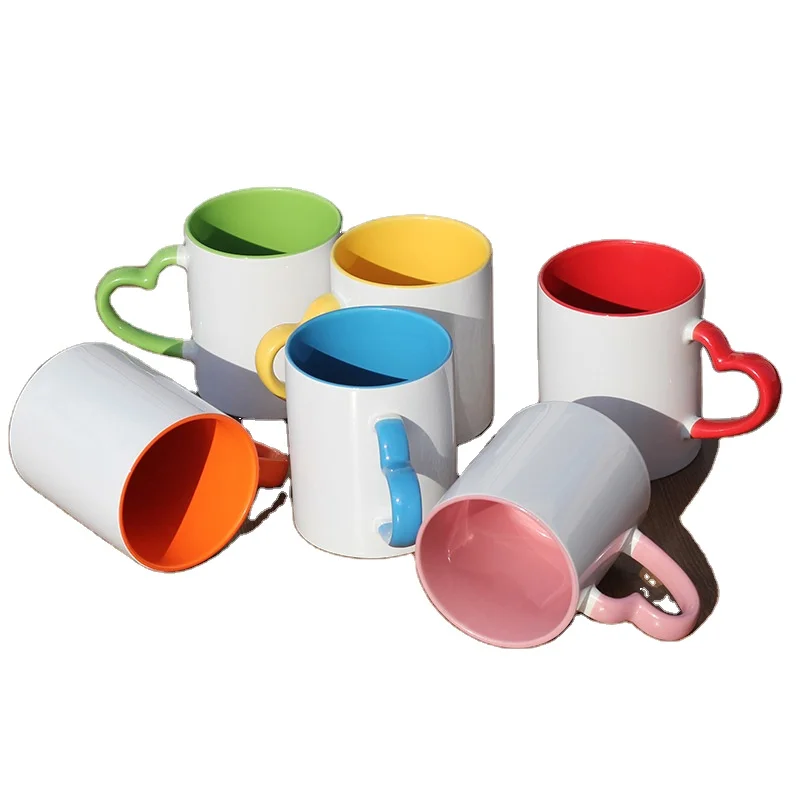 China Heat Transfer Blank Inner Color Coating Coffee Travel Sublimation Custom Ceramic Mug With Heart Handle