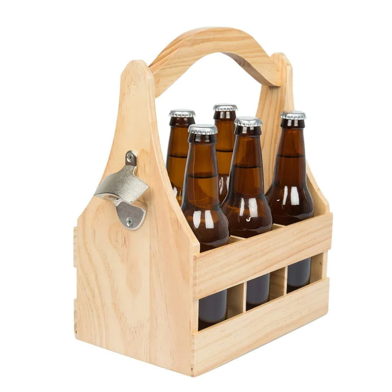 Holding Portable Rustic Farmhouse Six Divide compartments Beer Storage Pine Wooden Beer Caddy Carrier with Bottle Opener