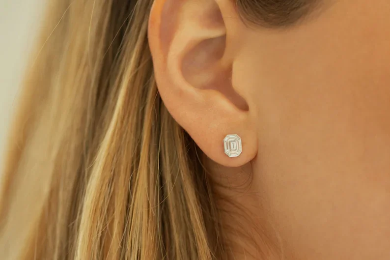 Latest 2023 Diamond Earrings 14k F Color VVS Clarity 1.00 Ctw Each Look Emerald Cut Illusion Setting Step Cut Stud Earrings