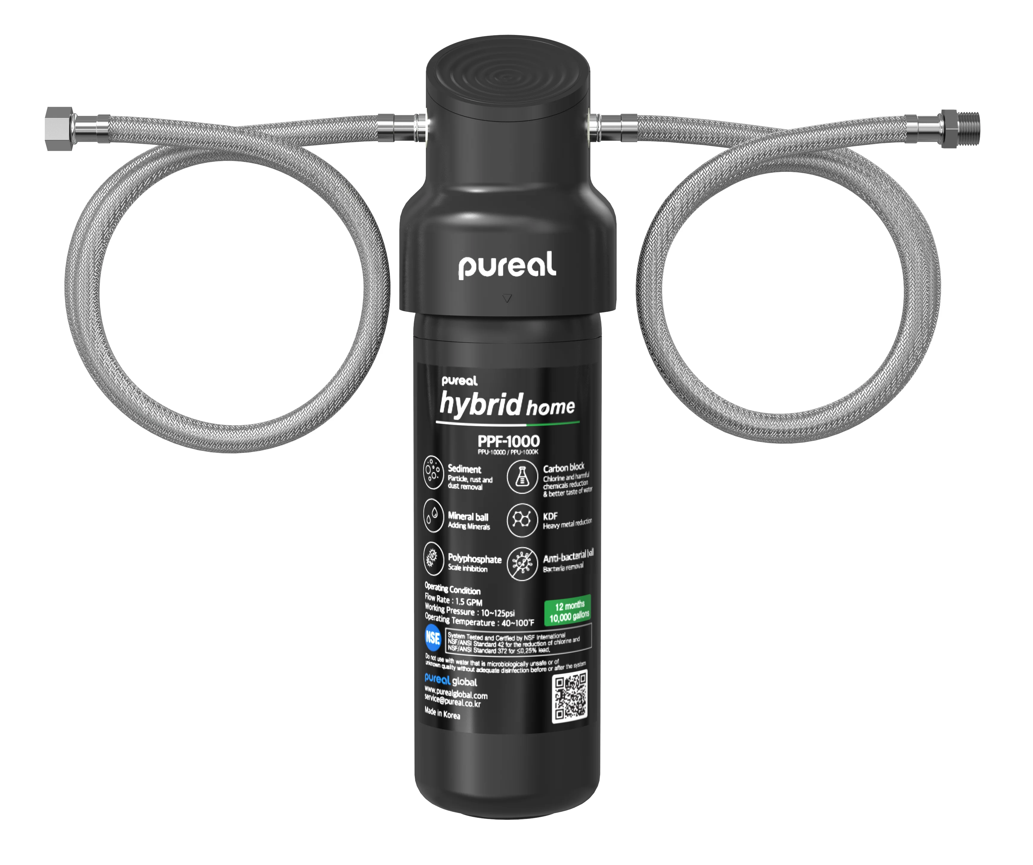 Pureal Hybrid Home PPU-1000D Under Sink Water Filter System, 10K Gallons, NSF/ANSI 42&372, Mineral Sediment Carbon Block
