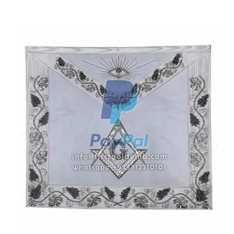 MASTER MASON Grand White Hand Embroided Apron with Square Compass G