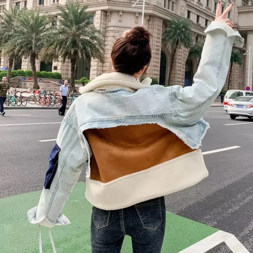 Fashion Winter Women Coat Blue Patchwork Denim Jacket Lamb Cashmere Denim Stitching Velvet Thick Wool Coat Women