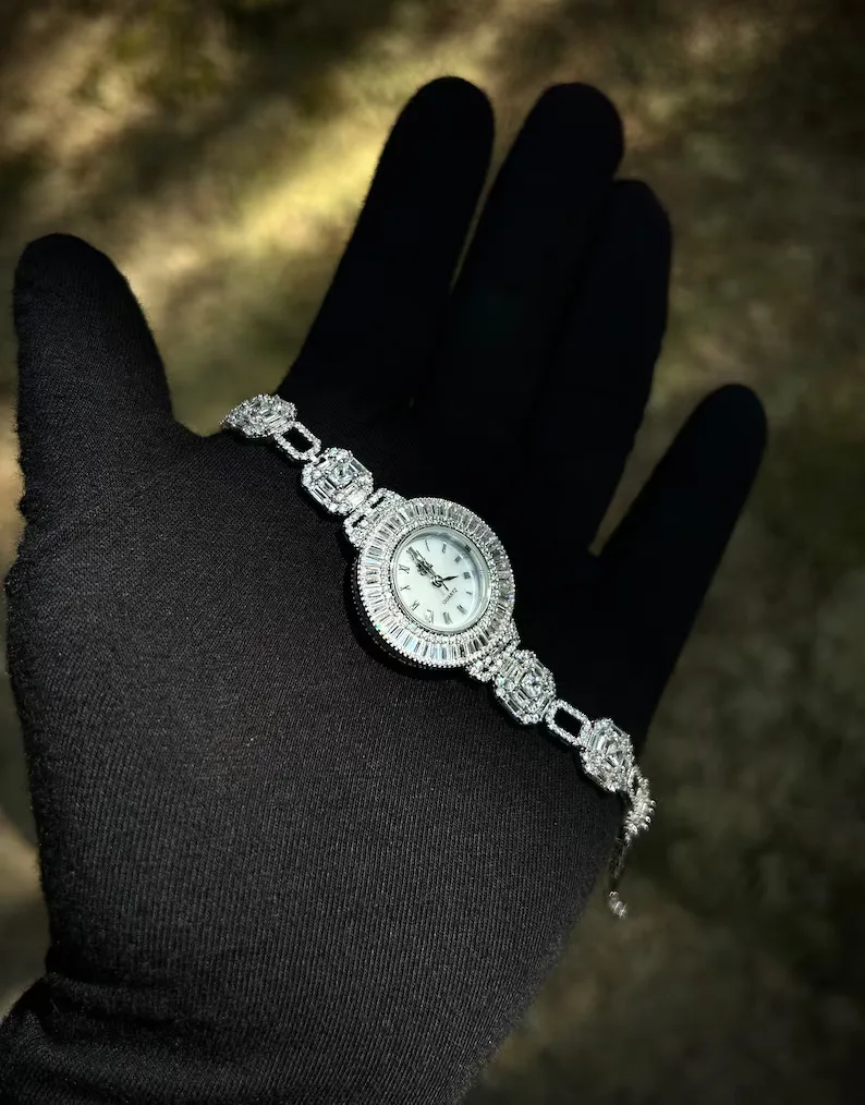 Женские Круглые Наручные часы со льдом 925 стерлингового серебра ручной работы блестящие циркониевые драгоценные камни для женских модных украшений