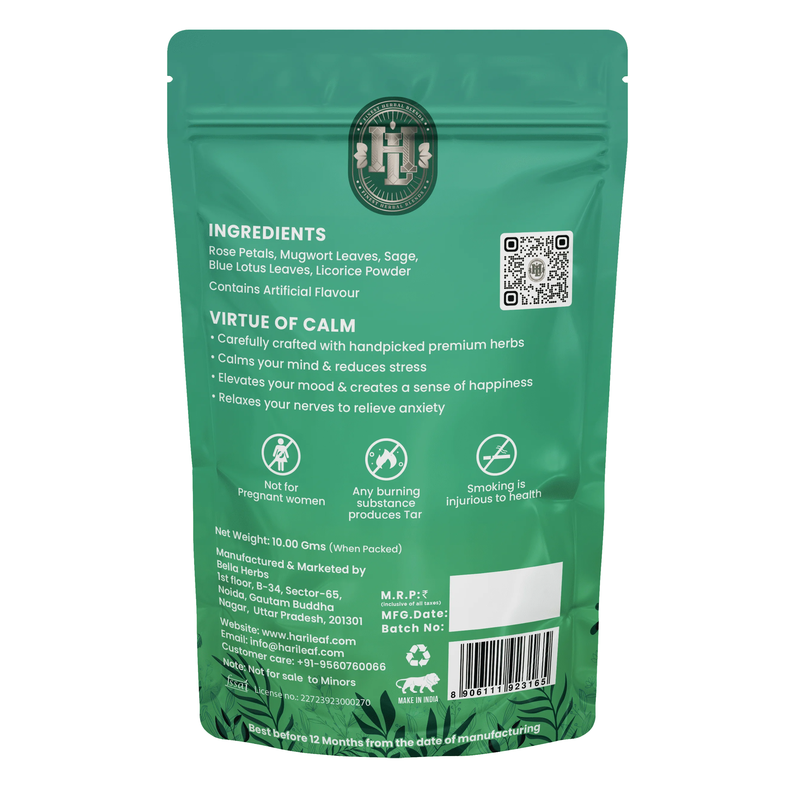 Hari Leaf Calm Bubblegum Herbal Smoking Blend Nicotine-Free Relaxing Mugwort Blue Lotus Rose Petals Passion Flower Pouch