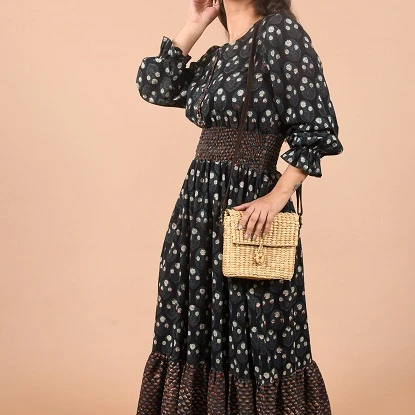 Роскошное платье из хлопчатобумажной ткани с круглым вырезом и длинным рукавом карманами повседневная женская одежда