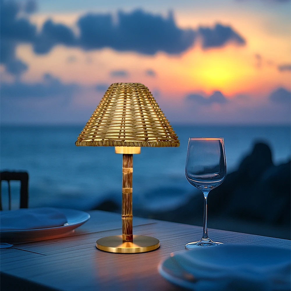 European Style Bamboo Cordless Led Table Lamps 2800mah Battery Remote Control Rattan Restaurant Table Light