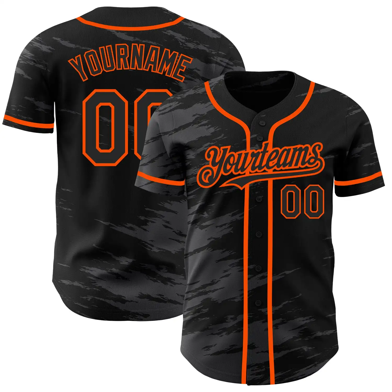 Full Button Hot Selling Customized Black Steel Gray Splash Ink Orange Authentic Baseball Jersey