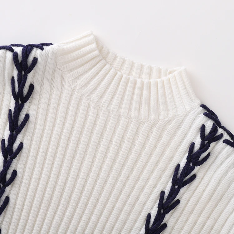 Knitwear manufacturers custom fall winter color contrast jacquard round neck long sleeve loose knitted korean sweaters for women