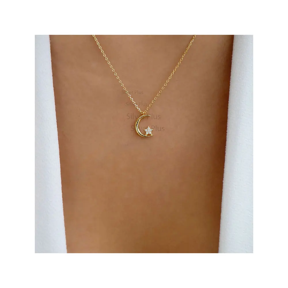 Wholesale Luxury 925 Sterling Silver Moon Star White Cubic Zirconia Pendant Necklace Available At Custom Shape Pendant