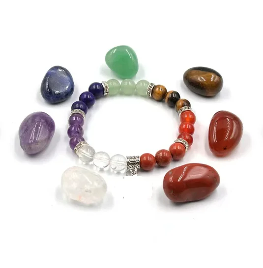 Chakra Bracelet Jewelry Set , 7 Chakras Tumbled Stone , healing Crystals Symbol Yoga Meditation Gifts