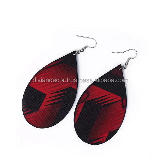 Hoop Tear Drop Earrings Red Color PU Leather Jewelry Model For Women Girls Custom Logo PU Leather Hot Selling Earring For Sale