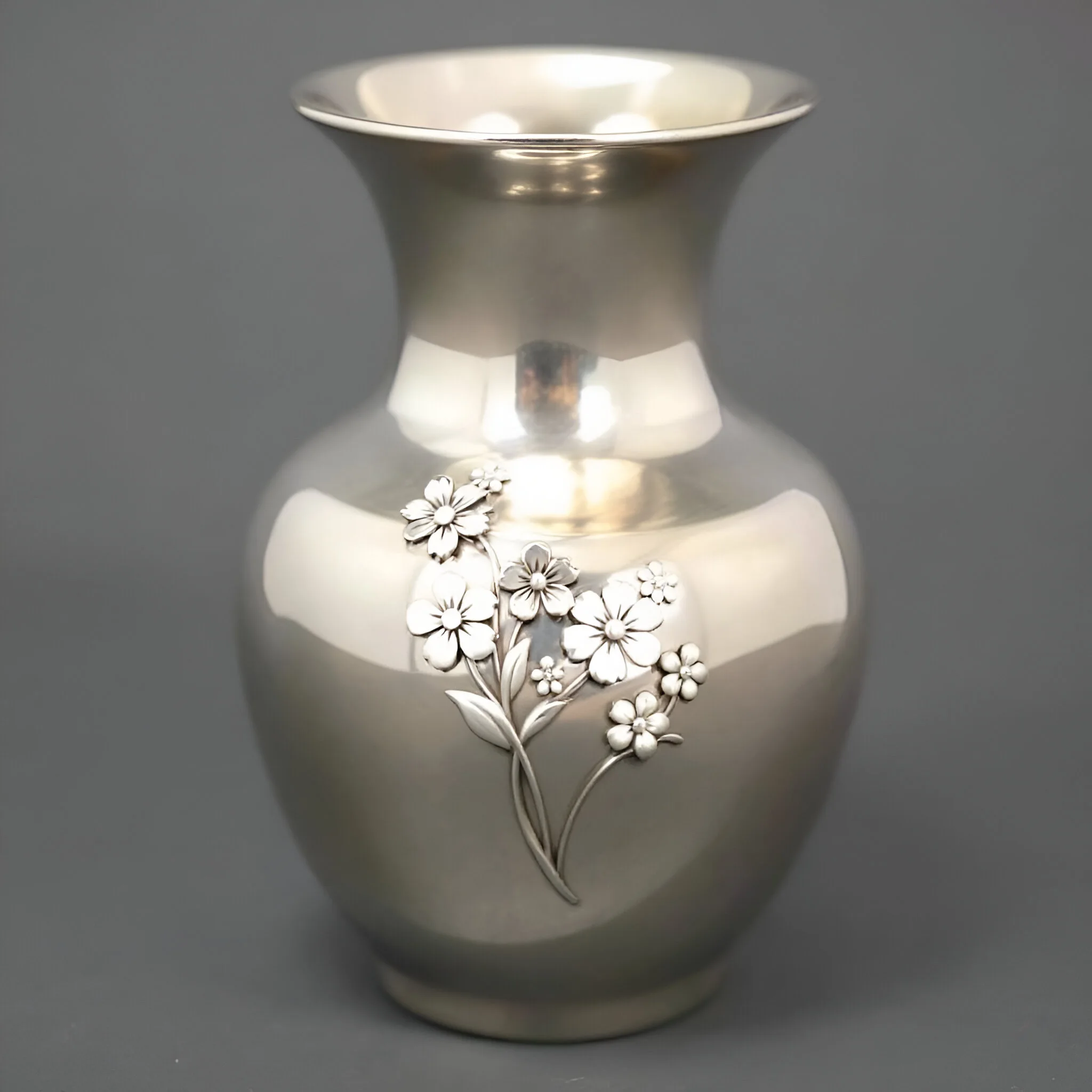 Elegant Silver Floral Vase Tapered Metal Stainless Steel Design with Embossed Flowers for Refined Home & Office Decor Vases