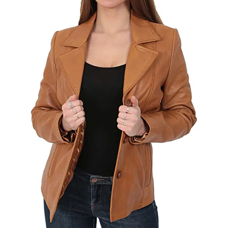Womens Leather Blazer Coat Fitted Classic Hip Length Jacket/ Brown oversized Leather Blazers womens/Custom logo leather blazers