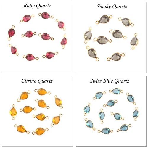 Wholesale jewelry making supply swiss blue quartz connector checker cut brass gold plated diy double bail pear shape connectors