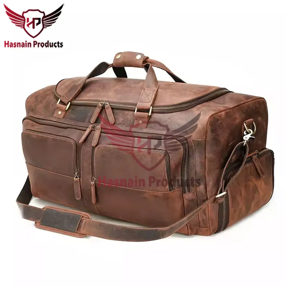 Customized Large Capacity Genuine Real Leather Weekender Bag Premium OEM ODM Vintage Brown with Logo Sport Style for Gym Usage
