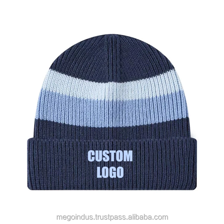 Wholesale Custom Logo Plain Streetwear Colorful Striped Cuffed Cashmere Beanie Custom Woven Logo Sports Knit Hat Beanies