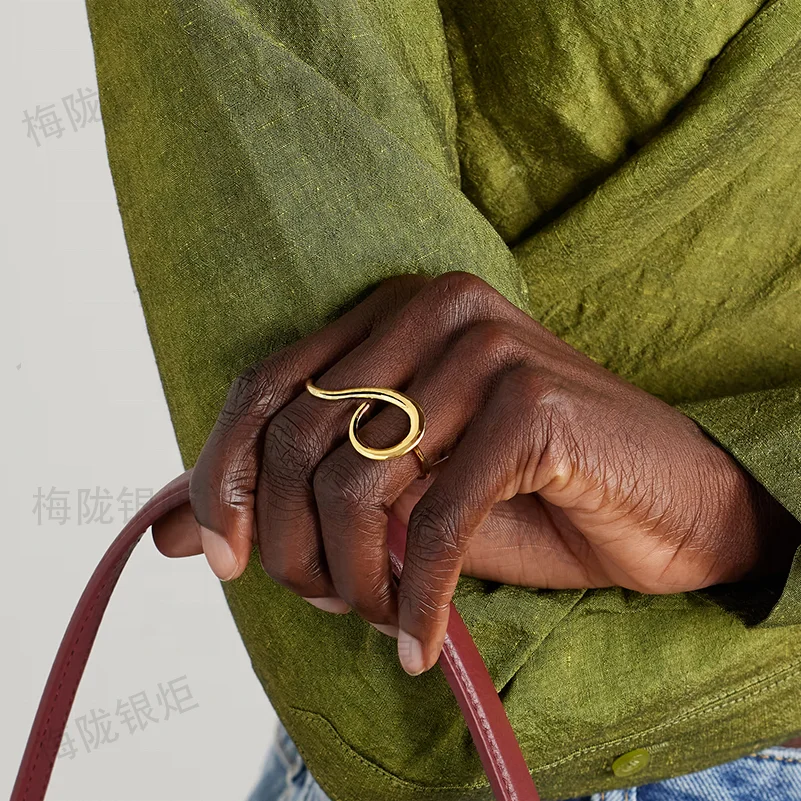 LOZRUNVE 925 Sterling Silver Minimalist Gold Double Band Exquisite Twist Curved Finger Ring Women