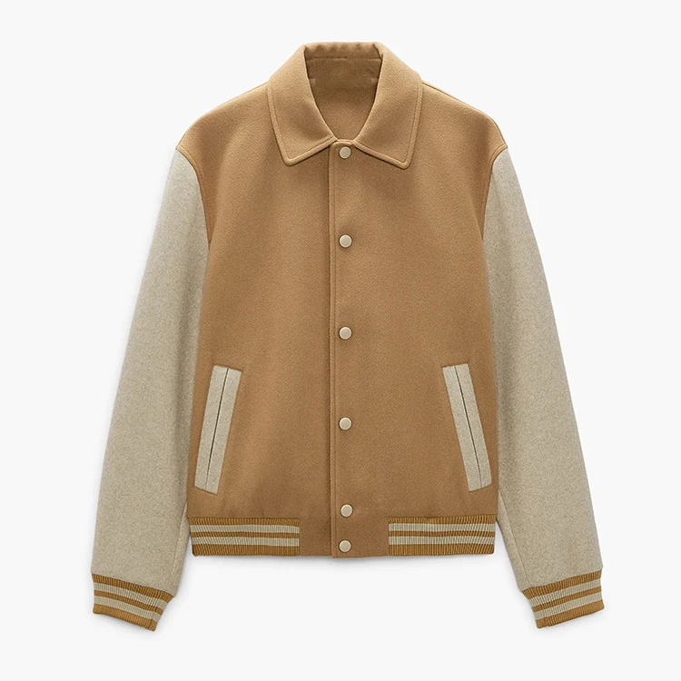 Sleeves Embroidery Patches College Baseball Men Beige Varsity Jacket with Collar Custom Logo Leather Letterman Chenille