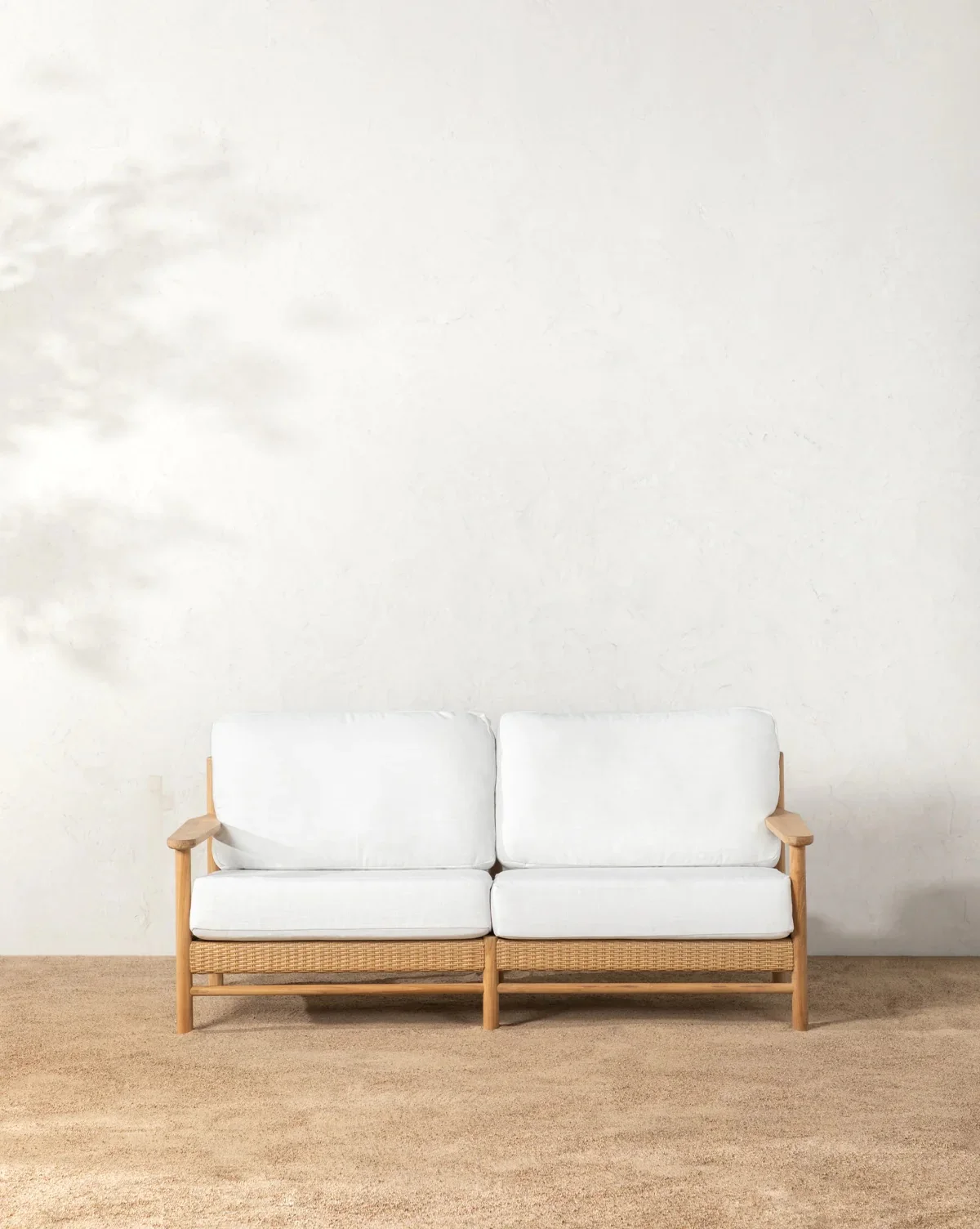 Mina Outdoor Sofa with Woven Wicker Natural Rattan Garden Sofa Solid Teak Frame Comfortable White Upholstered White Fabric