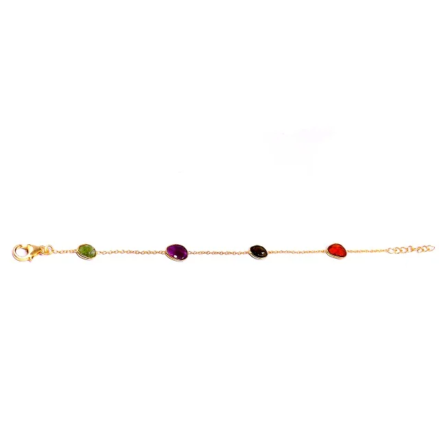 Handmade 925 Sterling Silver Gold Plated Multi Color Tourmaline Gemstones Ladies Wear Link Chain Bracelet