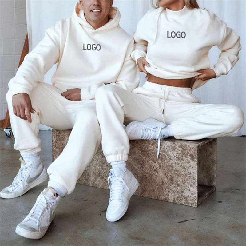 Winter Women Cotton Custom Couples Sports Blank Jogger Unisex Tech Plain Hoody Fleece Two Piece Wholesale Plain Sweat Suit