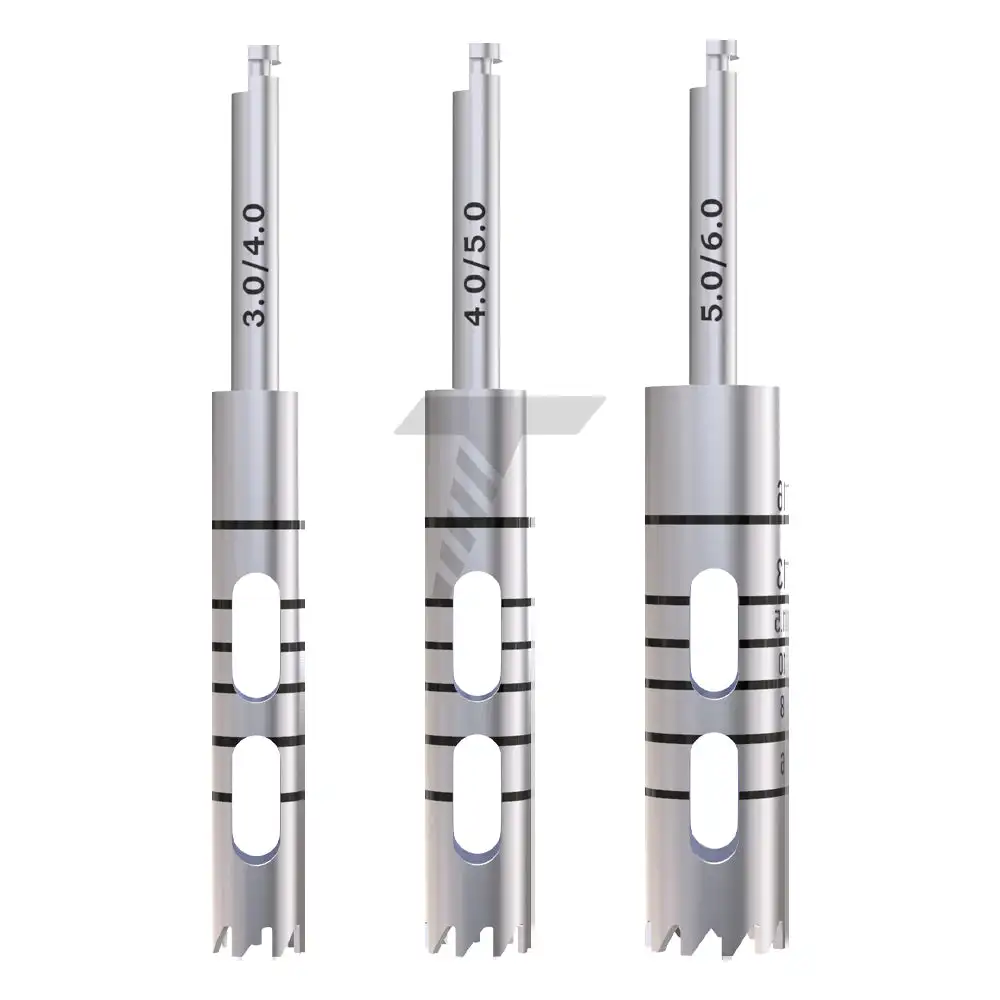 Trephine Bur Drills made of Stainless Steel, manufactured in Israel, used for bone harvesting and Dental Graft removal